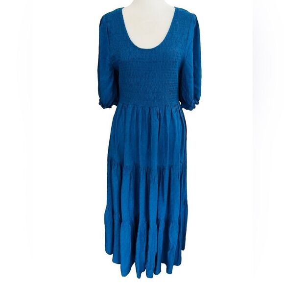 Mister Zimi blue scoop neck smocked maxi dress, tiered ruffle skirt size M. - Picture 1 of 9